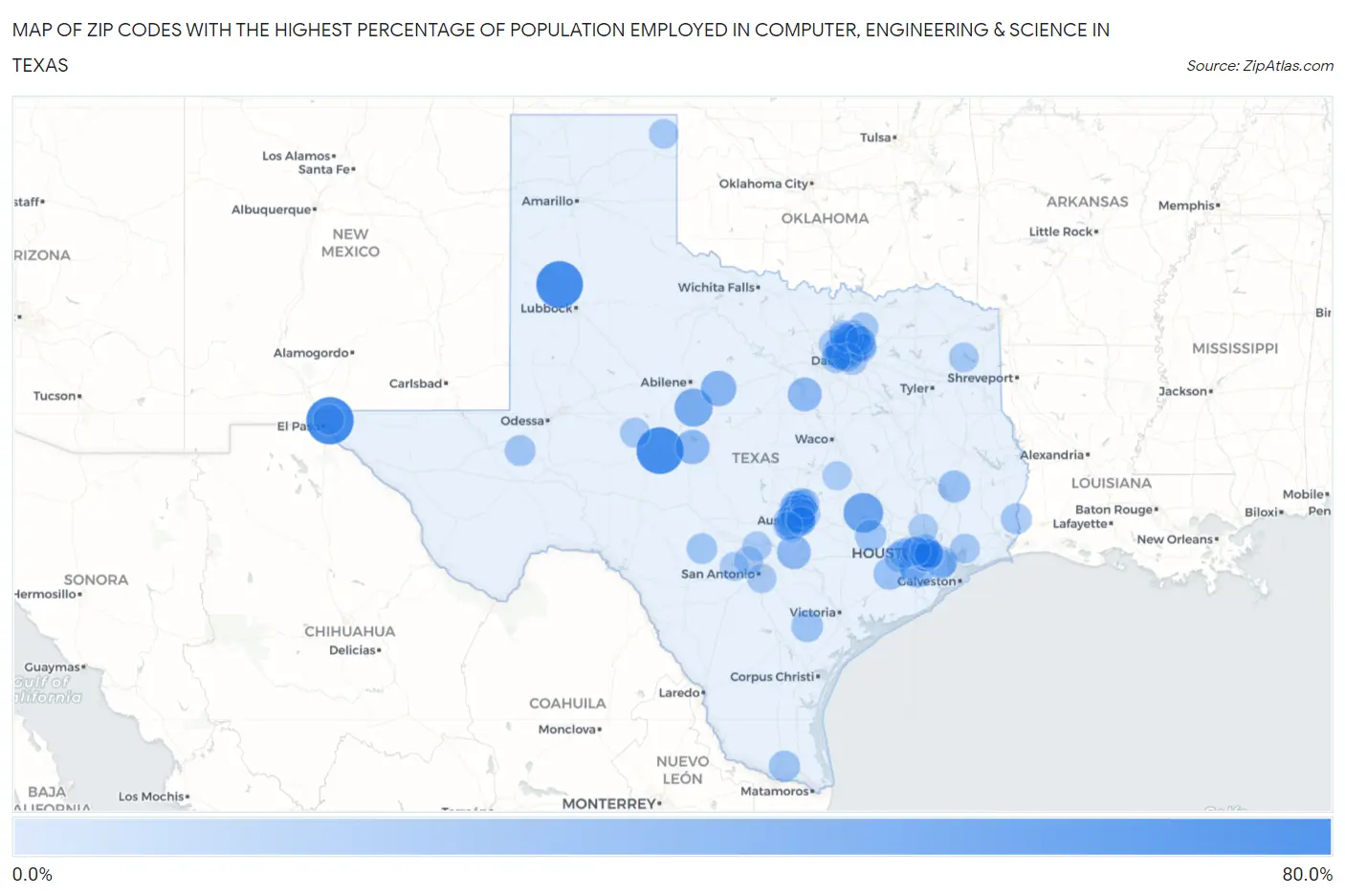 Zip Codes with the Highest Percentage of Population Employed in Computer, Engineering & Science in Texas Map