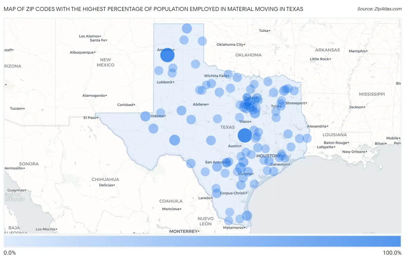 Zip Codes with the Highest Percentage of Population Employed in Material Moving in Texas Map