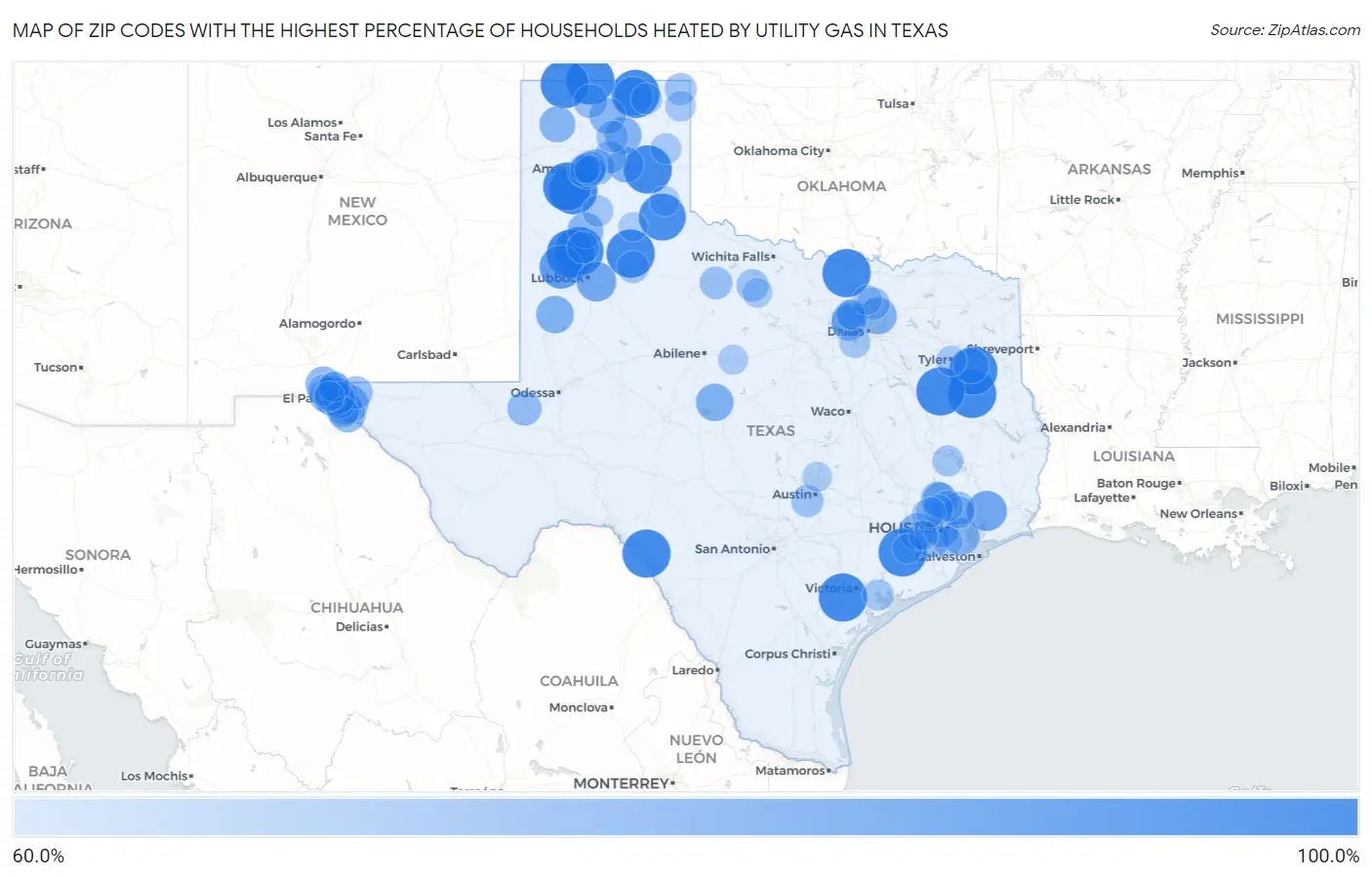 Zip Codes with the Highest Percentage of Households Heated by Utility Gas in Texas Map