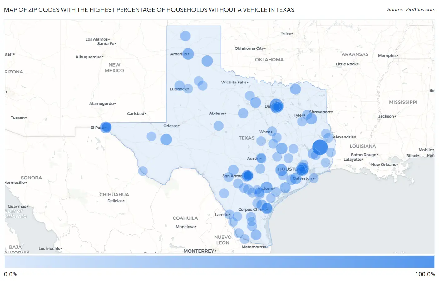 Zip Codes with the Highest Percentage of Households Without a Vehicle in Texas Map
