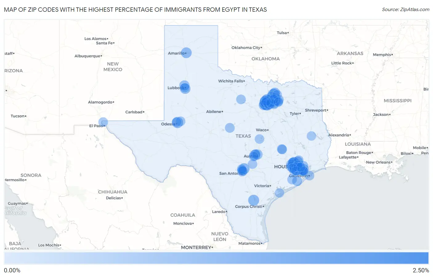 Zip Codes with the Highest Percentage of Immigrants from Egypt in Texas Map