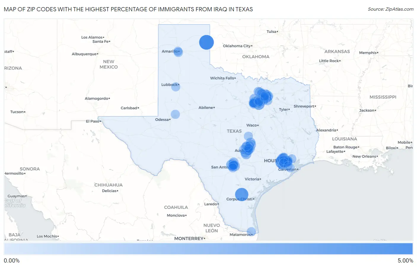Zip Codes with the Highest Percentage of Immigrants from Iraq in Texas Map