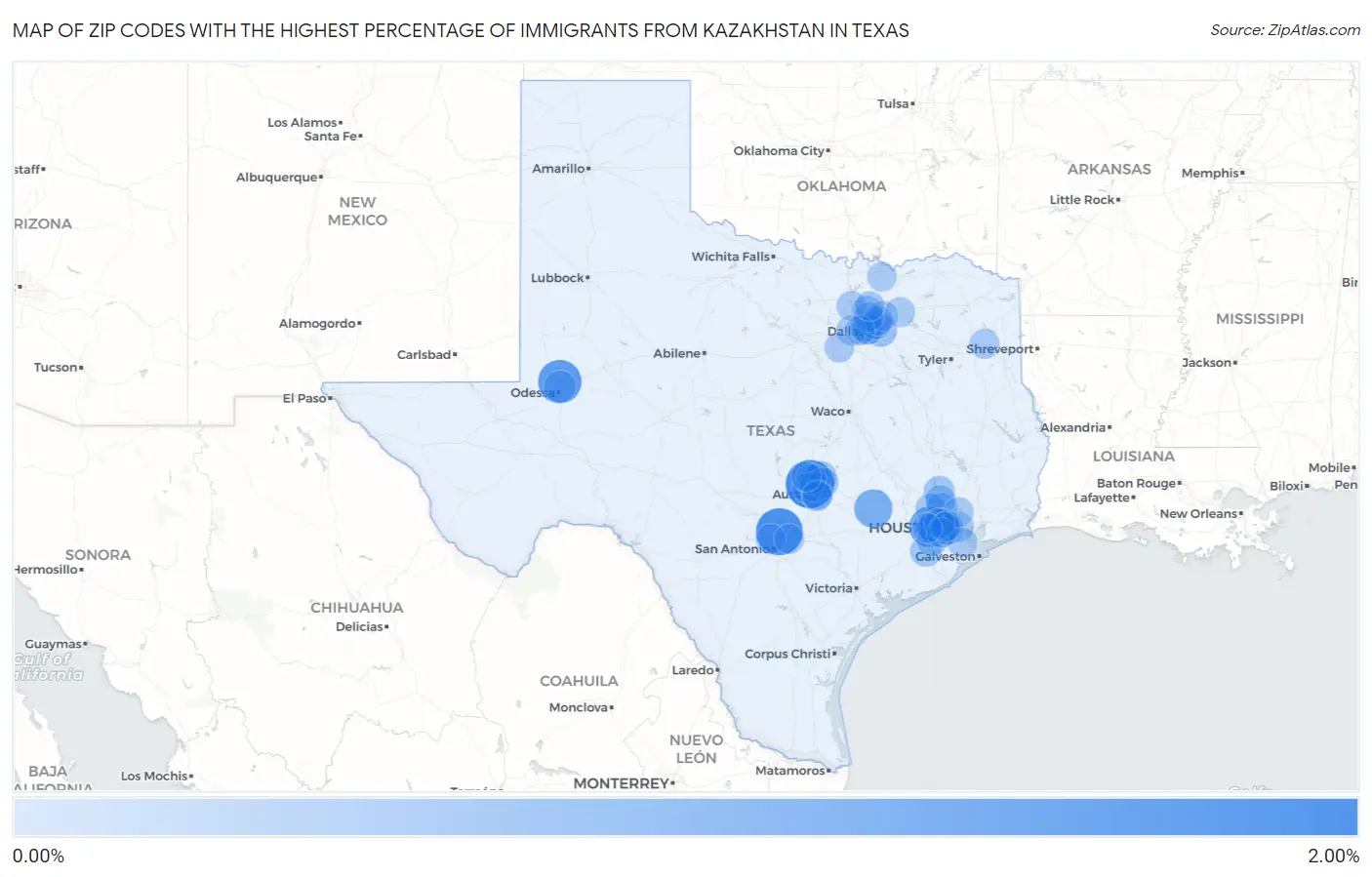 Zip Codes with the Highest Percentage of Immigrants from Kazakhstan in Texas Map