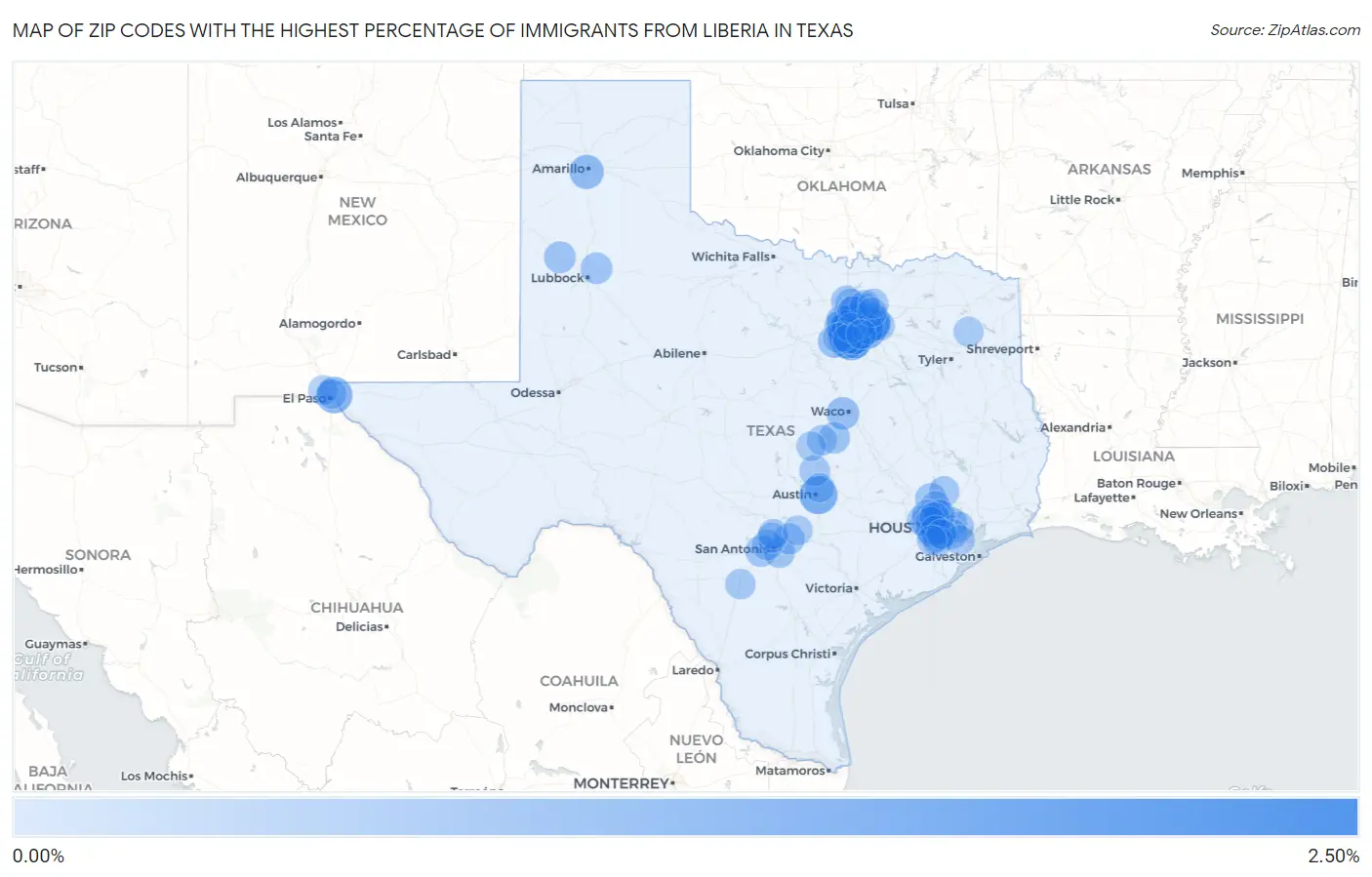 Zip Codes with the Highest Percentage of Immigrants from Liberia in Texas Map