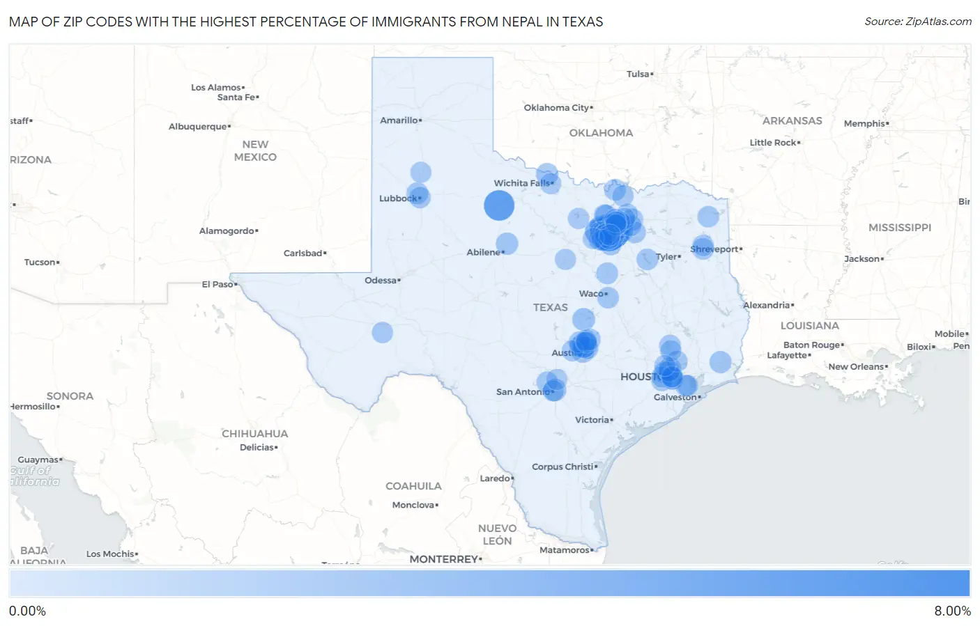 Zip Codes with the Highest Percentage of Immigrants from Nepal in Texas Map