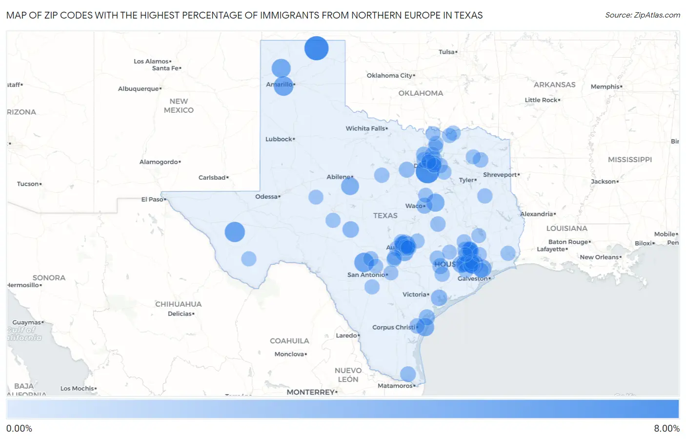 Zip Codes with the Highest Percentage of Immigrants from Northern Europe in Texas Map