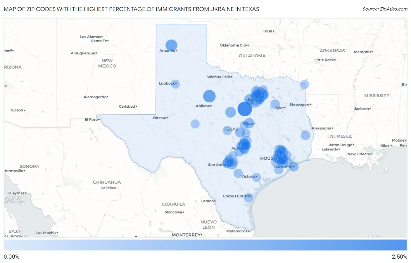 Zip Codes with the Highest Percentage of Immigrants from Ukraine in Texas Map