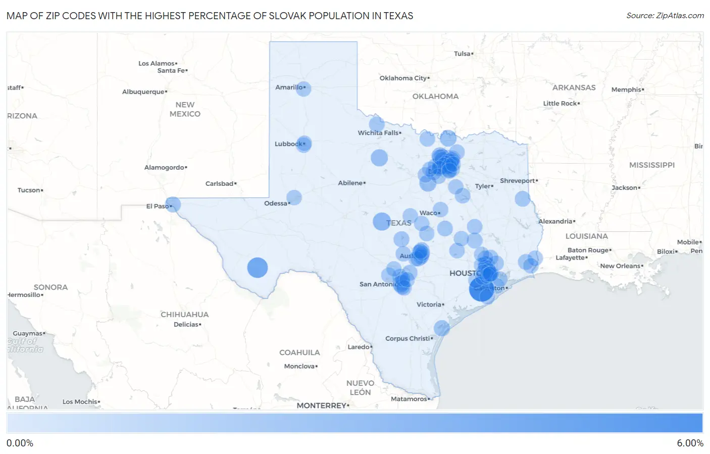 Zip Codes with the Highest Percentage of Slovak Population in Texas Map