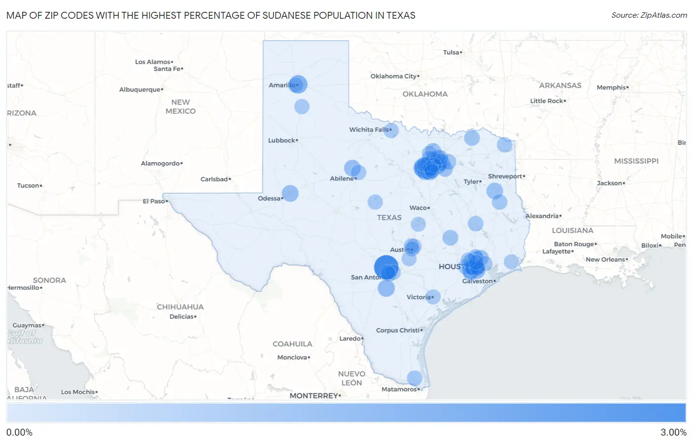 Zip Codes with the Highest Percentage of Sudanese Population in Texas Map