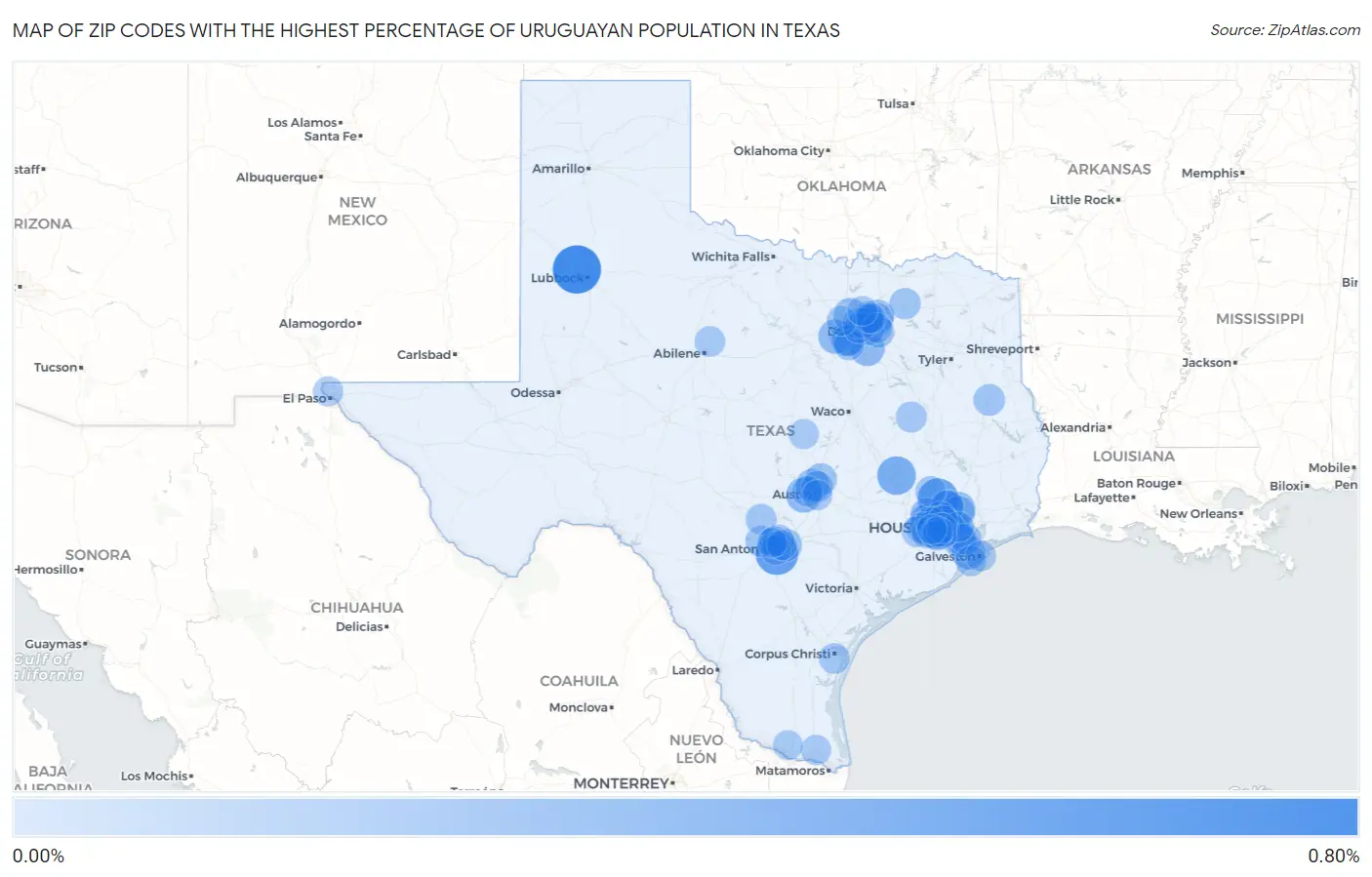Zip Codes with the Highest Percentage of Uruguayan Population in Texas Map