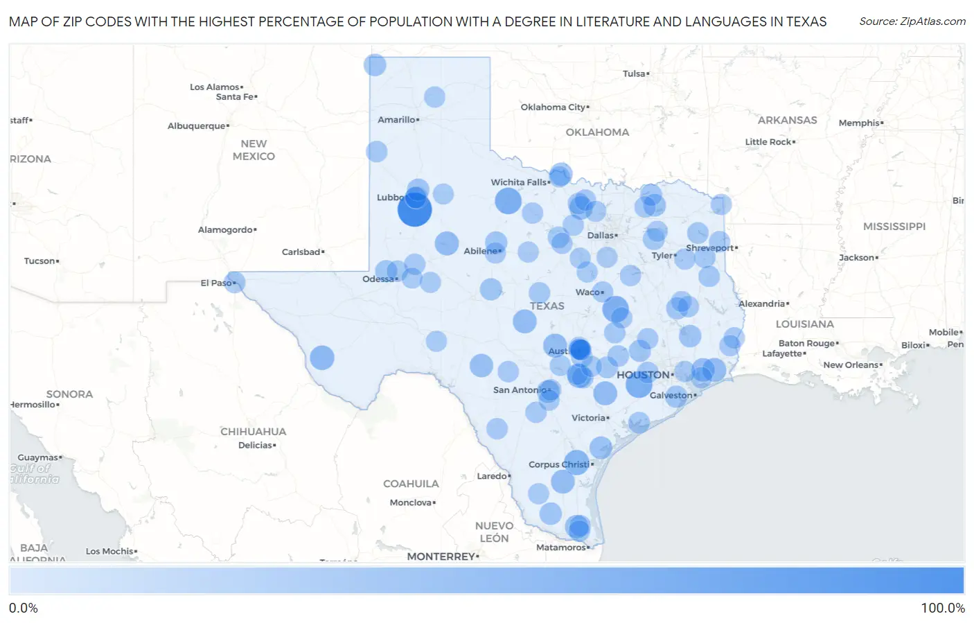 Zip Codes with the Highest Percentage of Population with a Degree in Literature and Languages in Texas Map