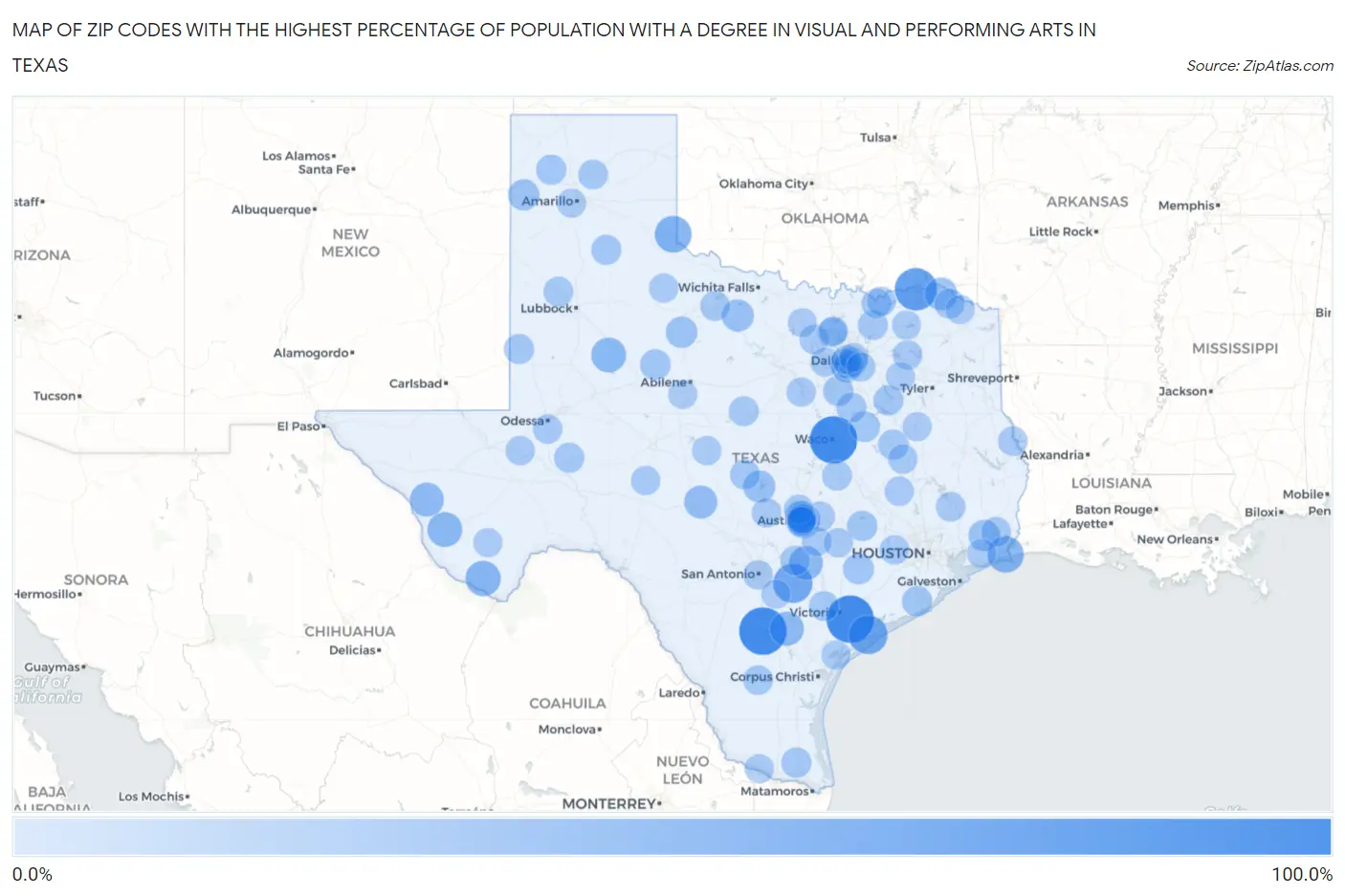 Zip Codes with the Highest Percentage of Population with a Degree in Visual and Performing Arts in Texas Map