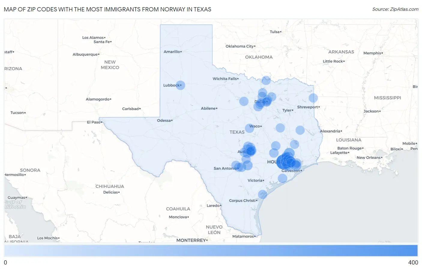 Zip Codes with the Most Immigrants from Norway in Texas Map