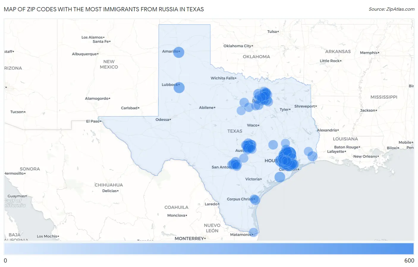 Zip Codes with the Most Immigrants from Russia in Texas Map