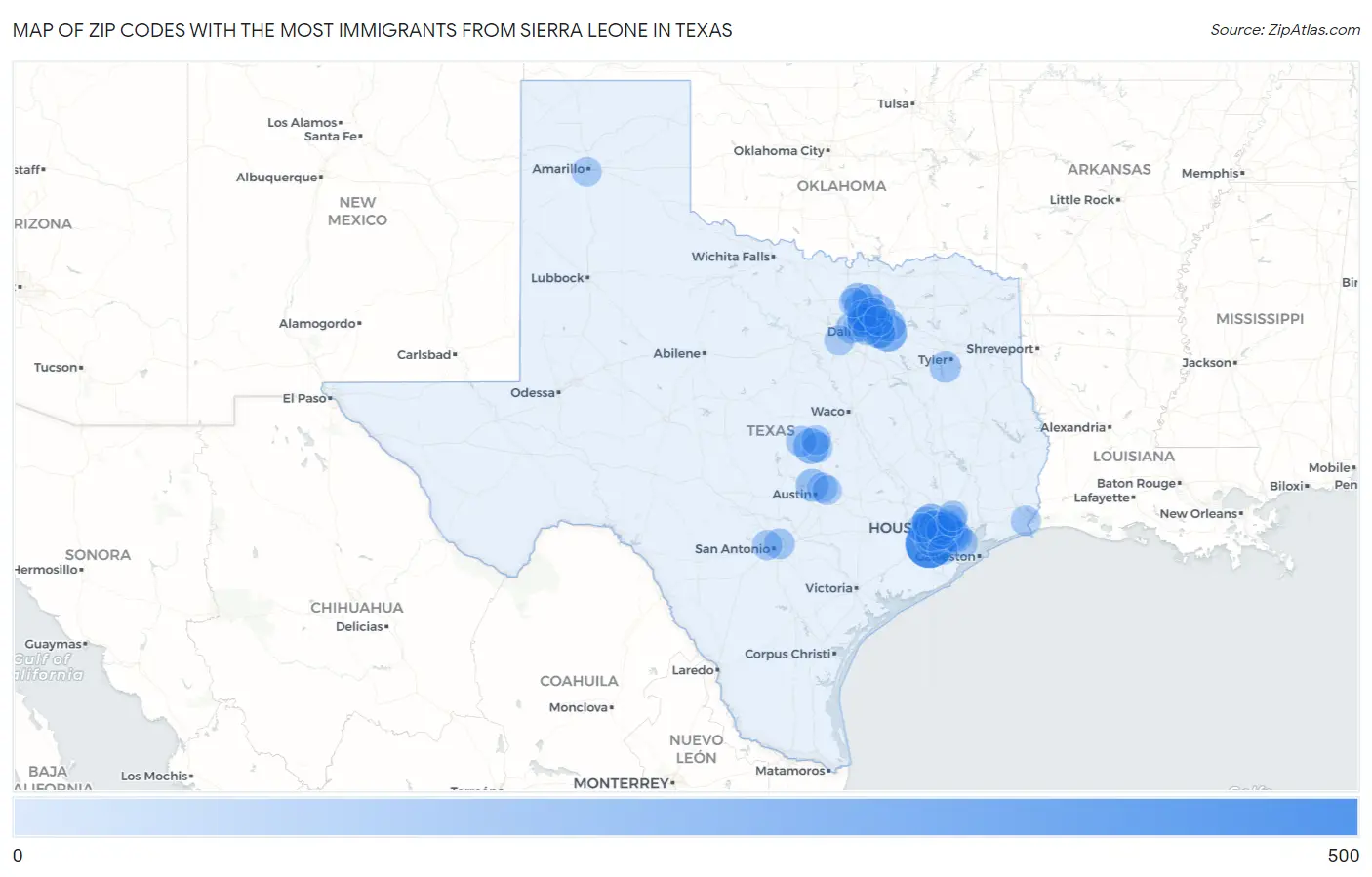 Zip Codes with the Most Immigrants from Sierra Leone in Texas Map