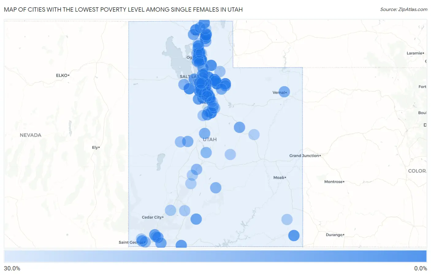 Cities with the Lowest Poverty Level Among Single Females in Utah Map