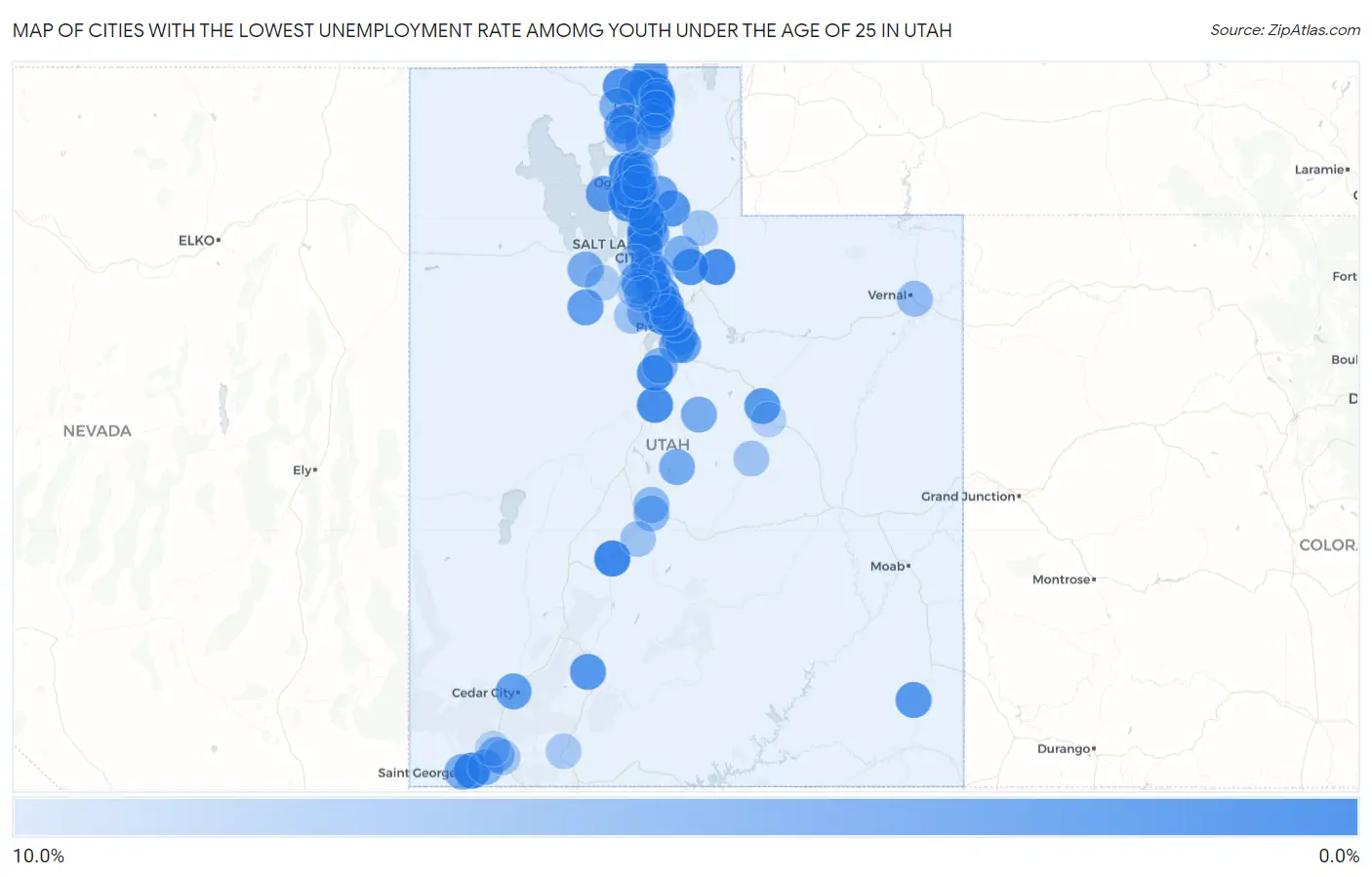 Cities with the Lowest Unemployment Rate Amomg Youth Under the Age of 25 in Utah Map