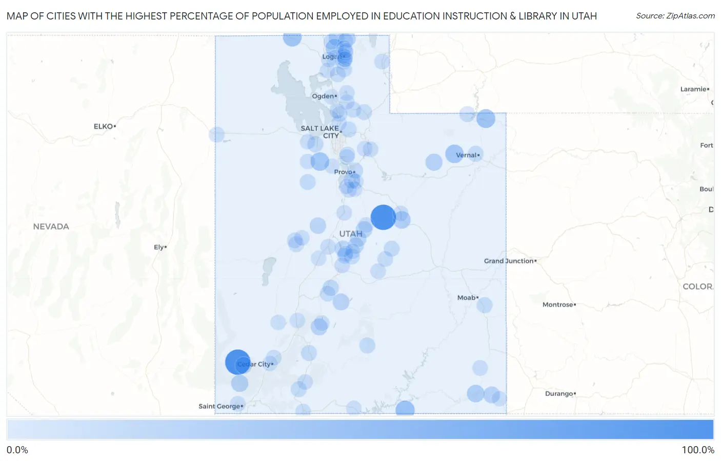 Cities with the Highest Percentage of Population Employed in Education Instruction & Library in Utah Map