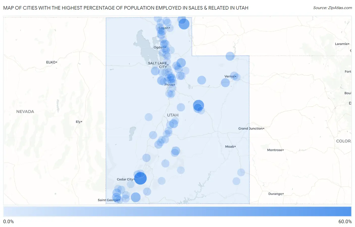 Cities with the Highest Percentage of Population Employed in Sales & Related in Utah Map