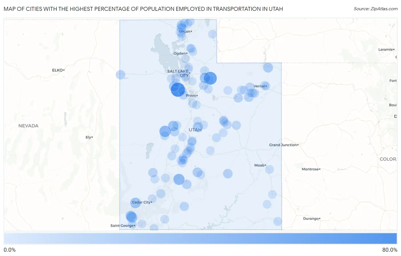 Cities with the Highest Percentage of Population Employed in Transportation in Utah Map