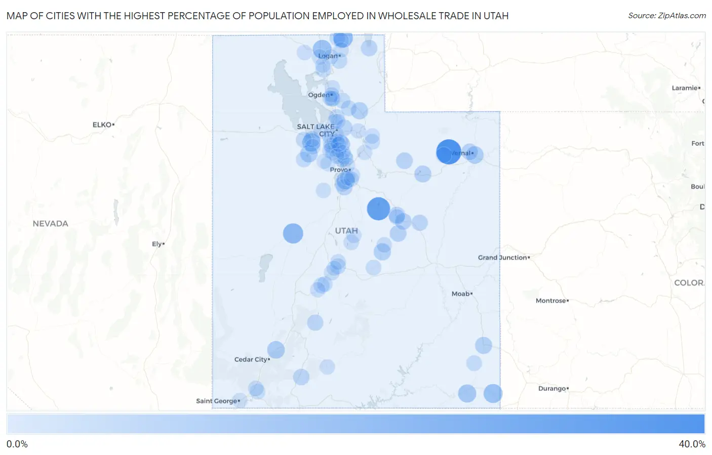 Cities with the Highest Percentage of Population Employed in Wholesale Trade in Utah Map