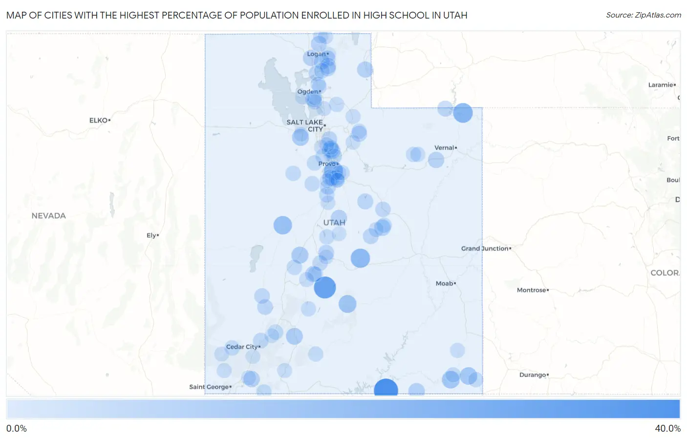Cities with the Highest Percentage of Population Enrolled in High School in Utah Map