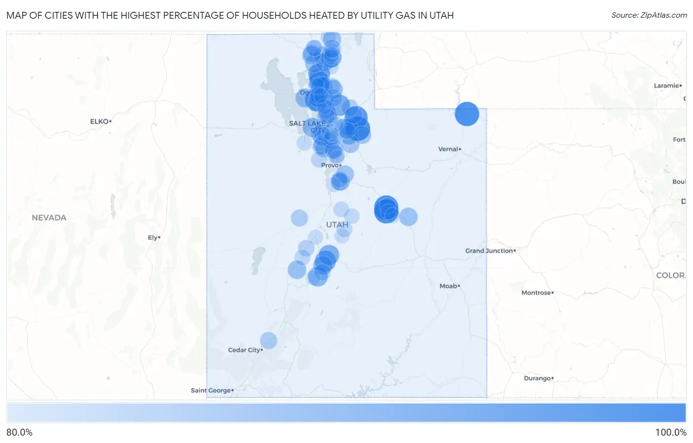 Cities with the Highest Percentage of Households Heated by Utility Gas in Utah Map