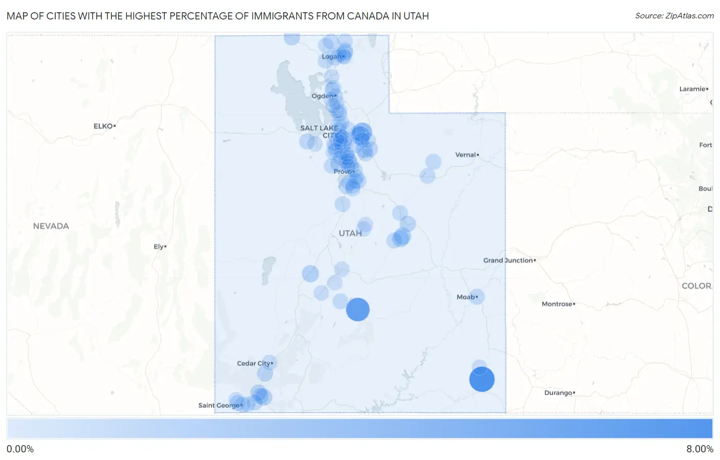 Cities with the Highest Percentage of Immigrants from Canada in Utah Map