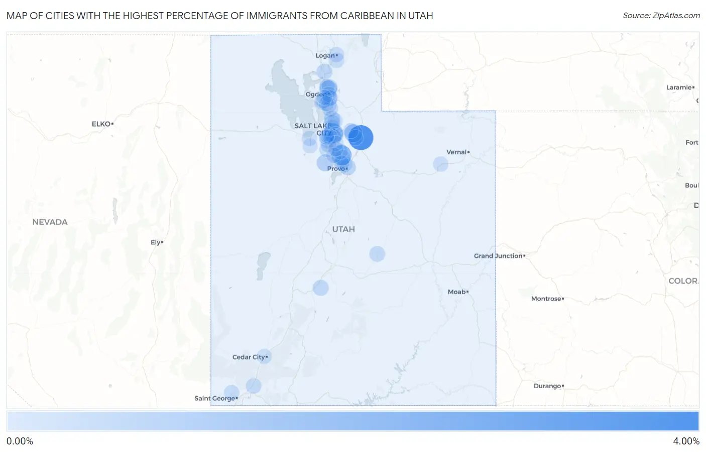 Cities with the Highest Percentage of Immigrants from Caribbean in Utah Map