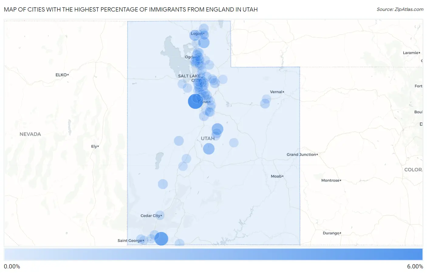 Cities with the Highest Percentage of Immigrants from England in Utah Map