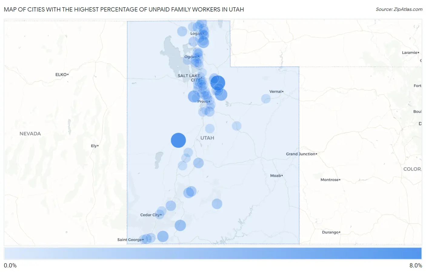 Cities with the Highest Percentage of Unpaid Family Workers in Utah Map