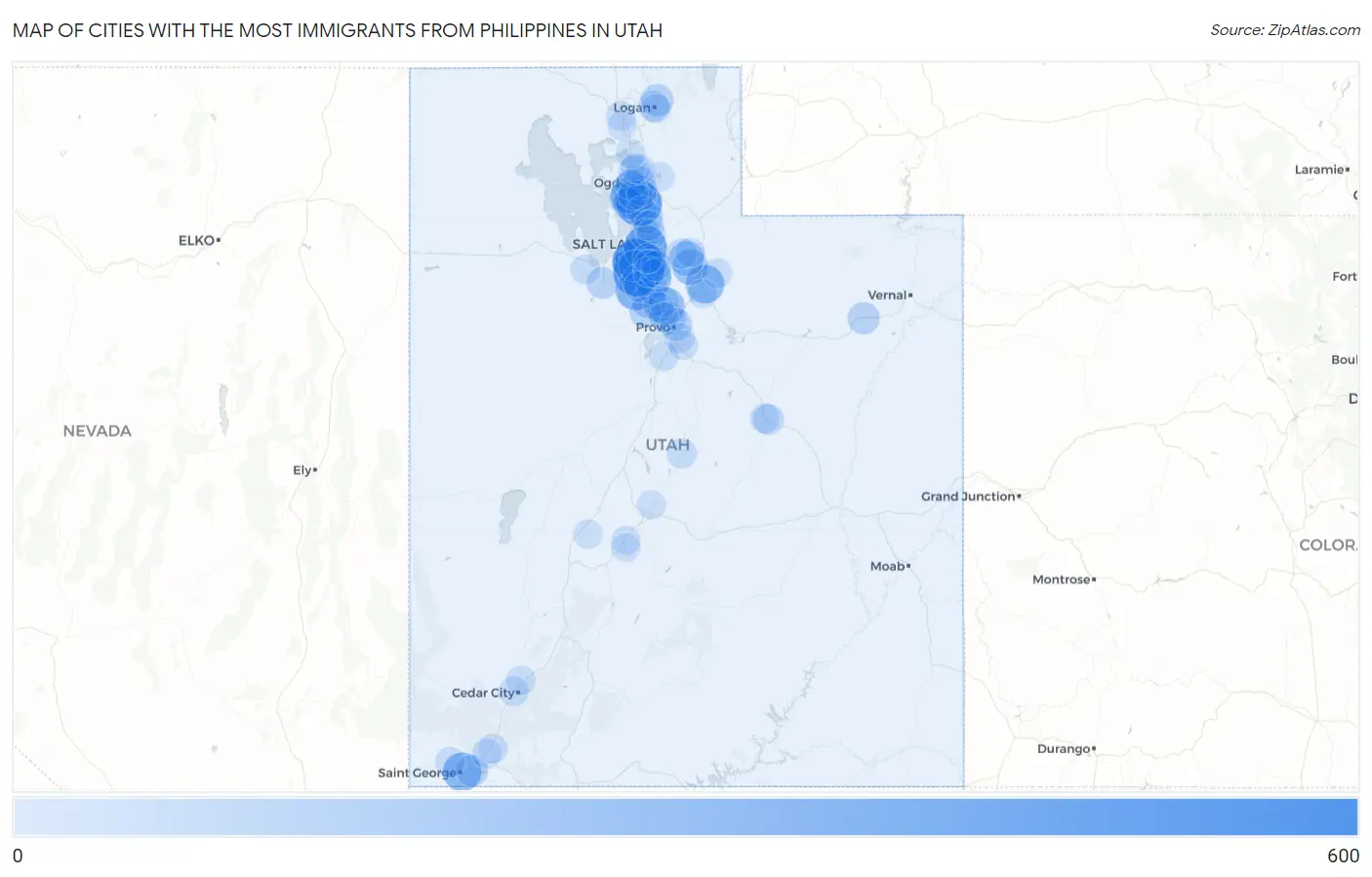 Cities with the Most Immigrants from Philippines in Utah Map