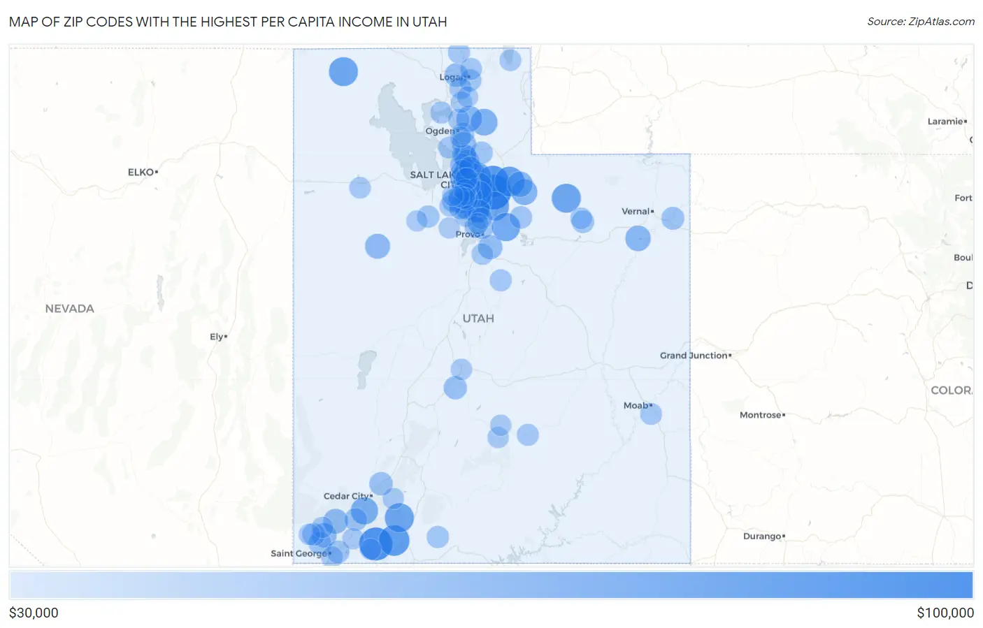 Zip Codes with the Highest Per Capita Income in Utah Map