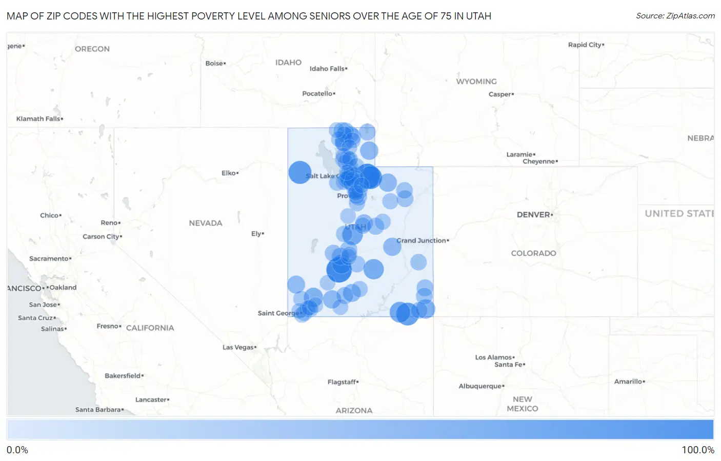 Zip Codes with the Highest Poverty Level Among Seniors Over the Age of 75 in Utah Map