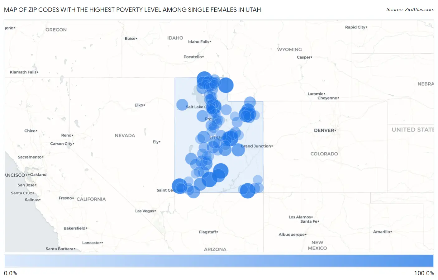 Zip Codes with the Highest Poverty Level Among Single Females in Utah Map