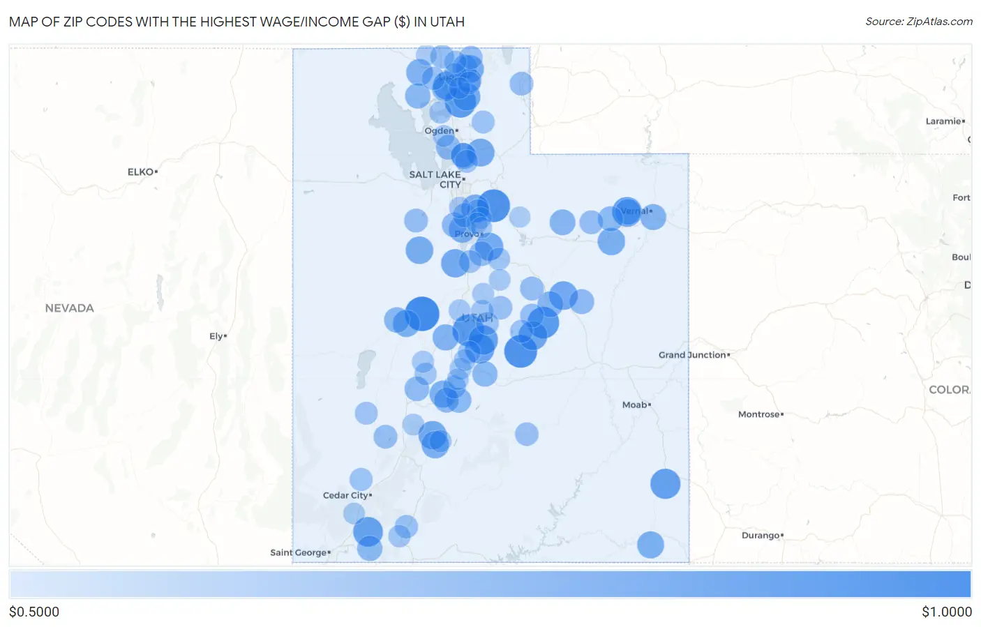 Zip Codes with the Highest Wage/Income Gap ($) in Utah Map