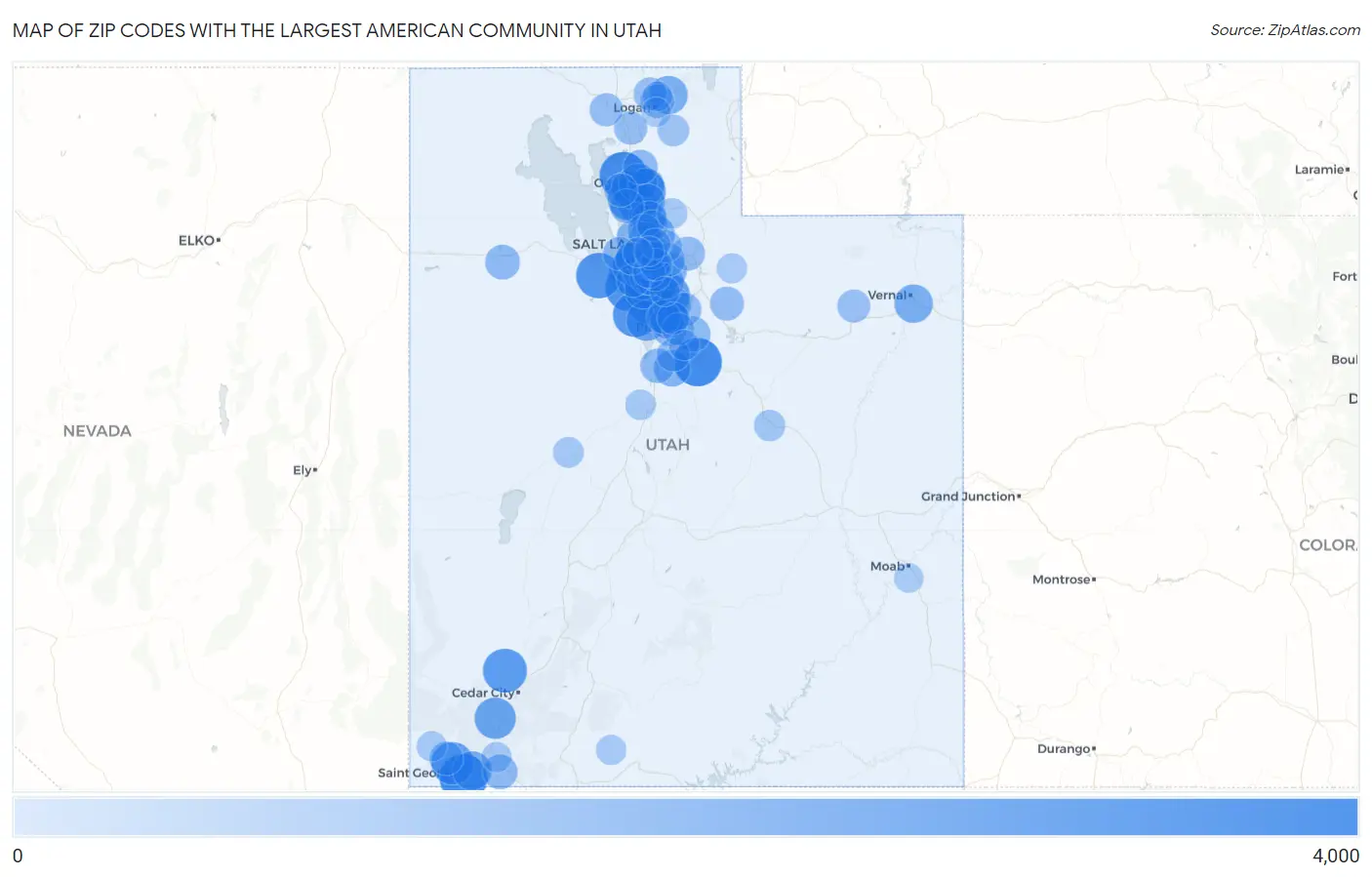 Zip Codes with the Largest American Community in Utah Map