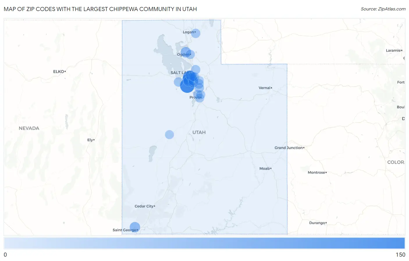 Zip Codes with the Largest Chippewa Community in Utah Map