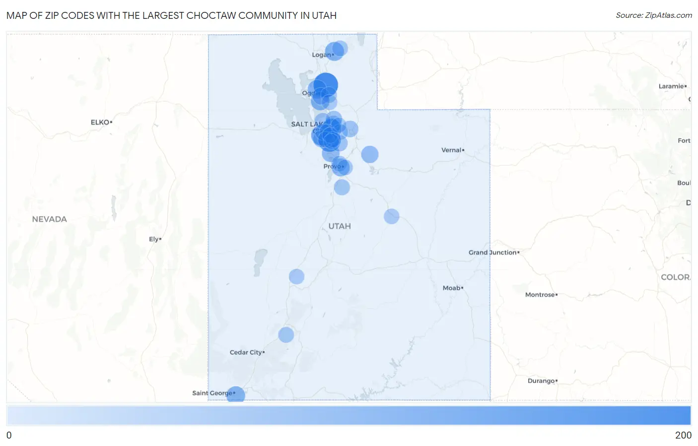 Zip Codes with the Largest Choctaw Community in Utah Map