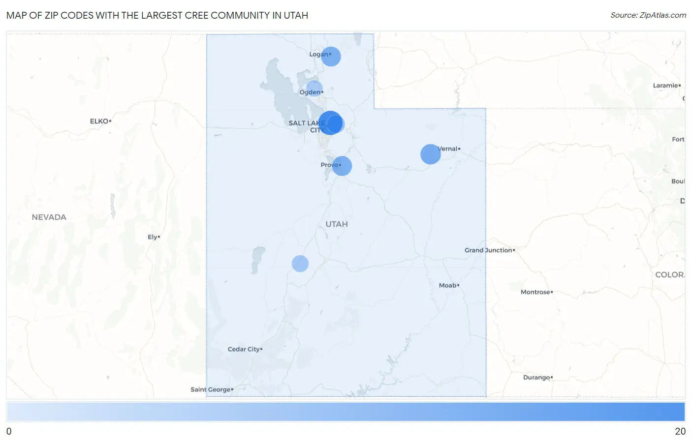 Zip Codes with the Largest Cree Community in Utah Map