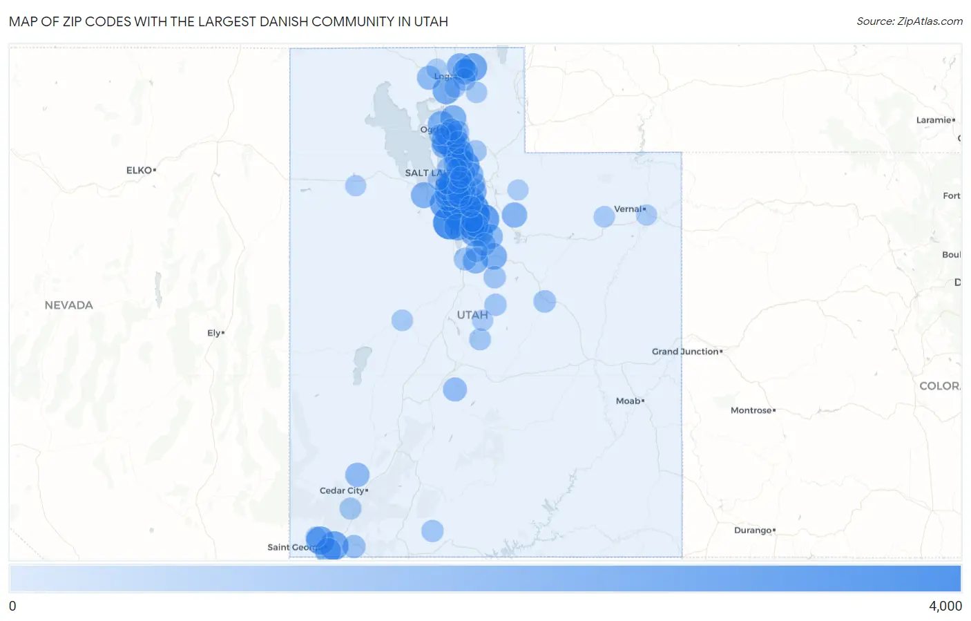 Zip Codes with the Largest Danish Community in Utah Map