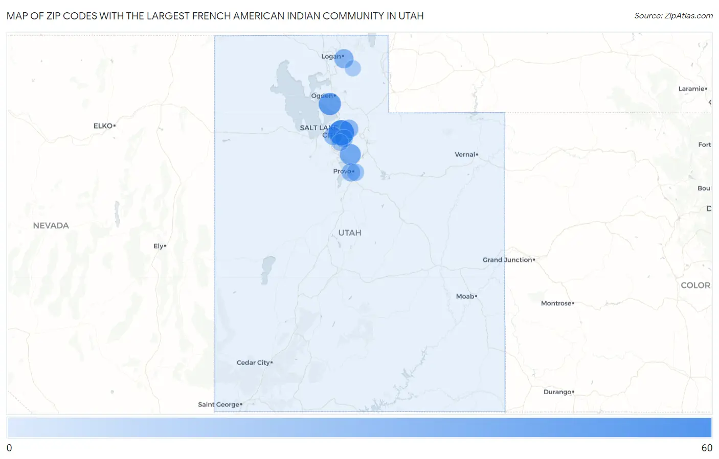 Zip Codes with the Largest French American Indian Community in Utah Map