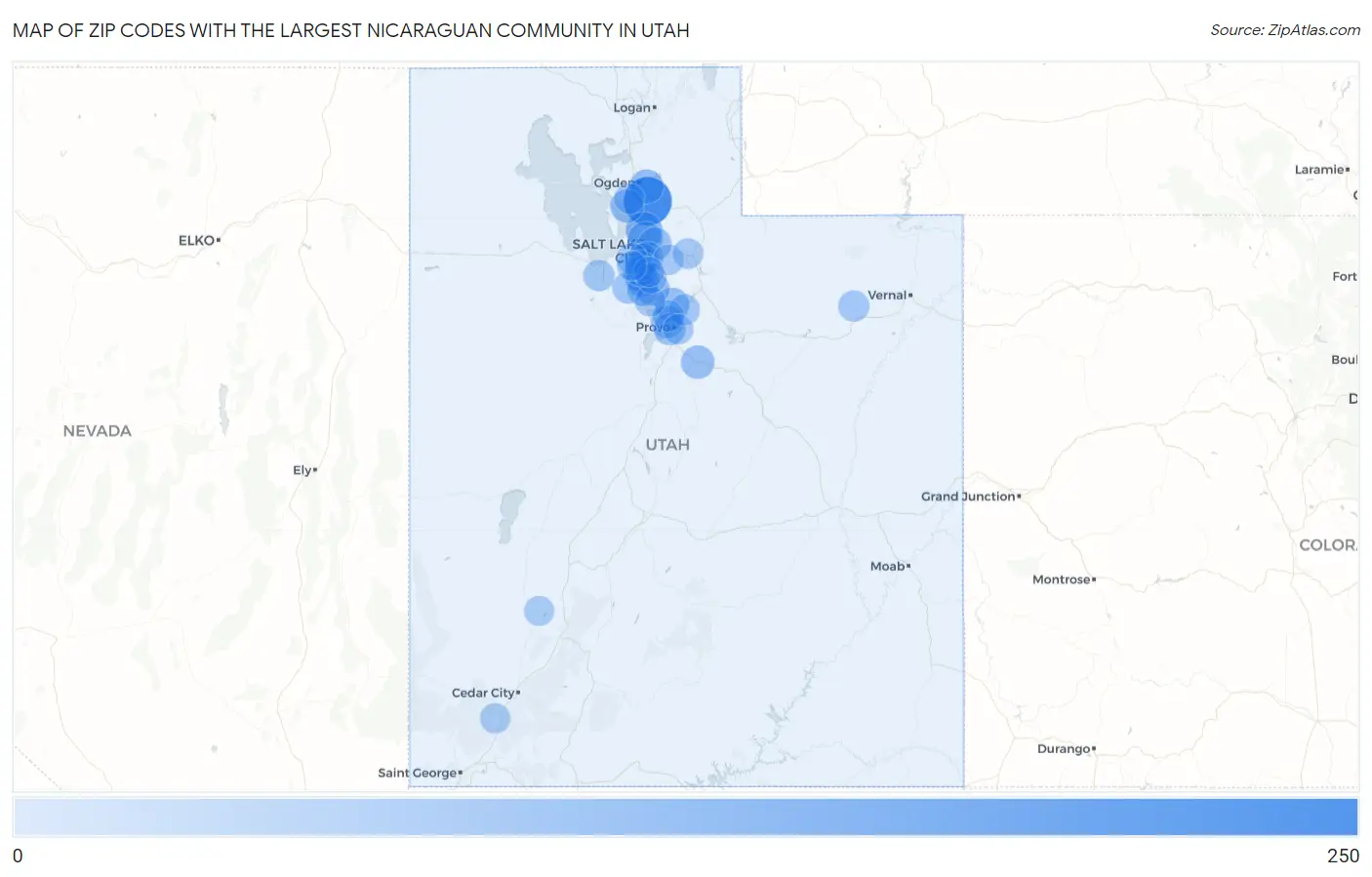 Zip Codes with the Largest Nicaraguan Community in Utah Map