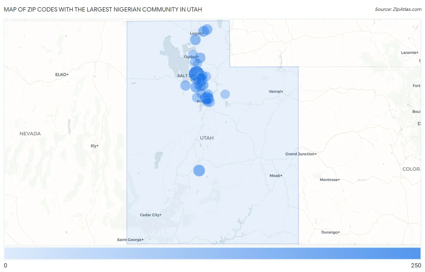 Zip Codes with the Largest Nigerian Community in Utah Map