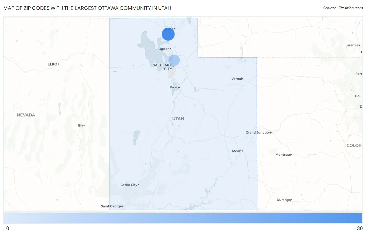 Zip Codes with the Largest Ottawa Community in Utah Map