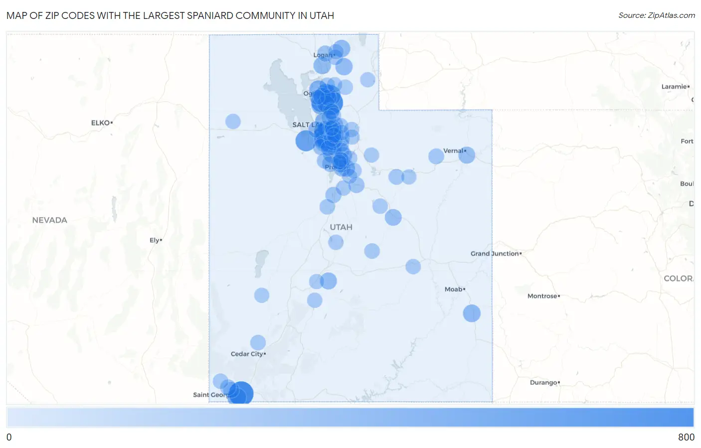 Zip Codes with the Largest Spaniard Community in Utah Map