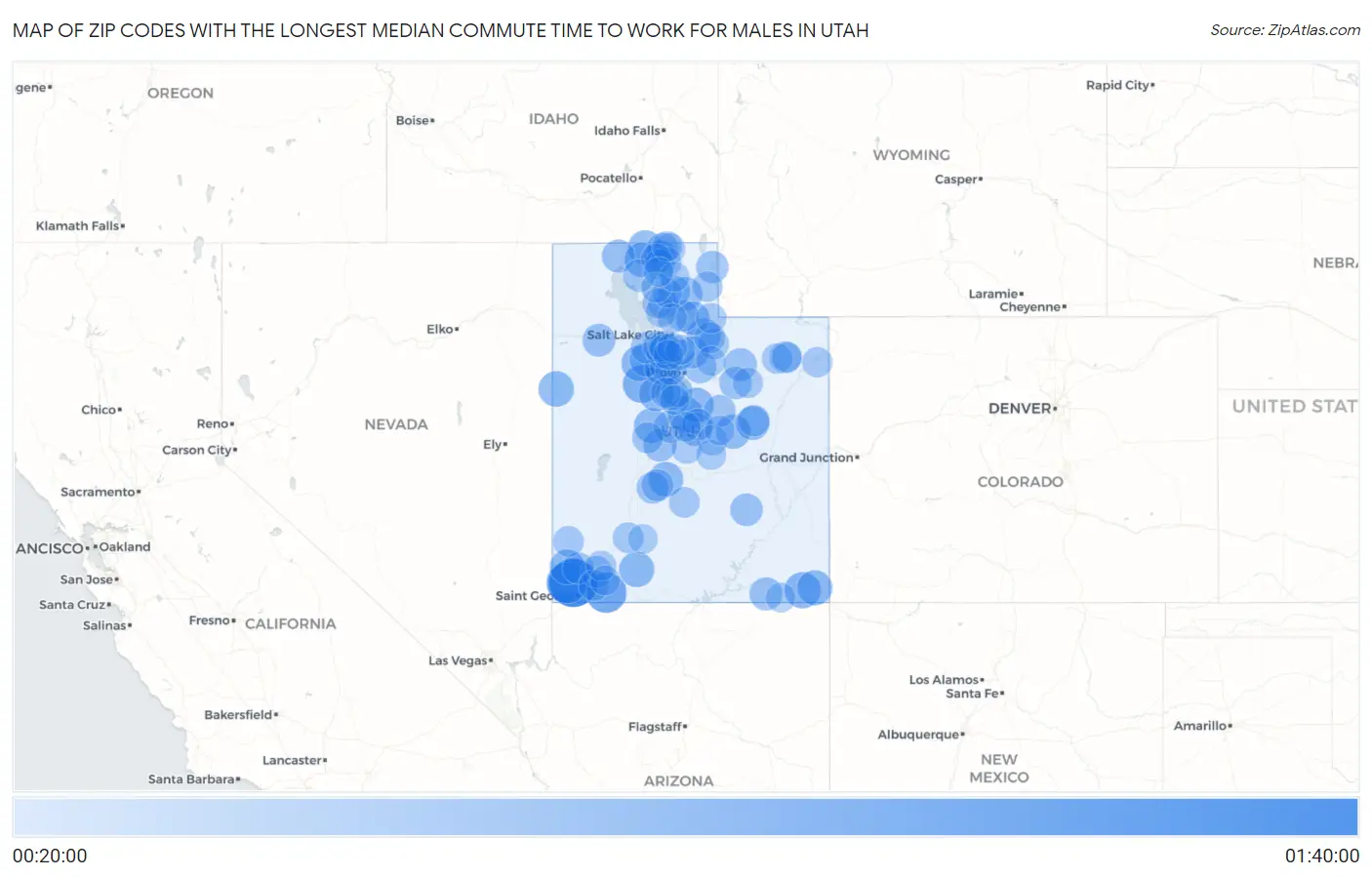 Zip Codes with the Longest Median Commute Time to Work for Males in Utah Map