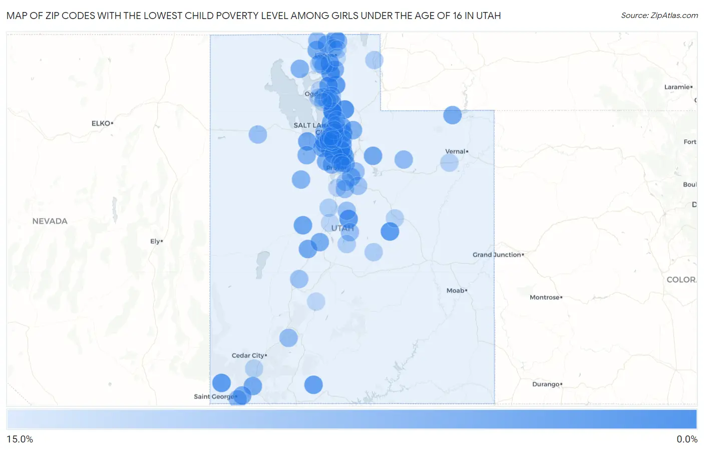 Zip Codes with the Lowest Child Poverty Level Among Girls Under the Age of 16 in Utah Map