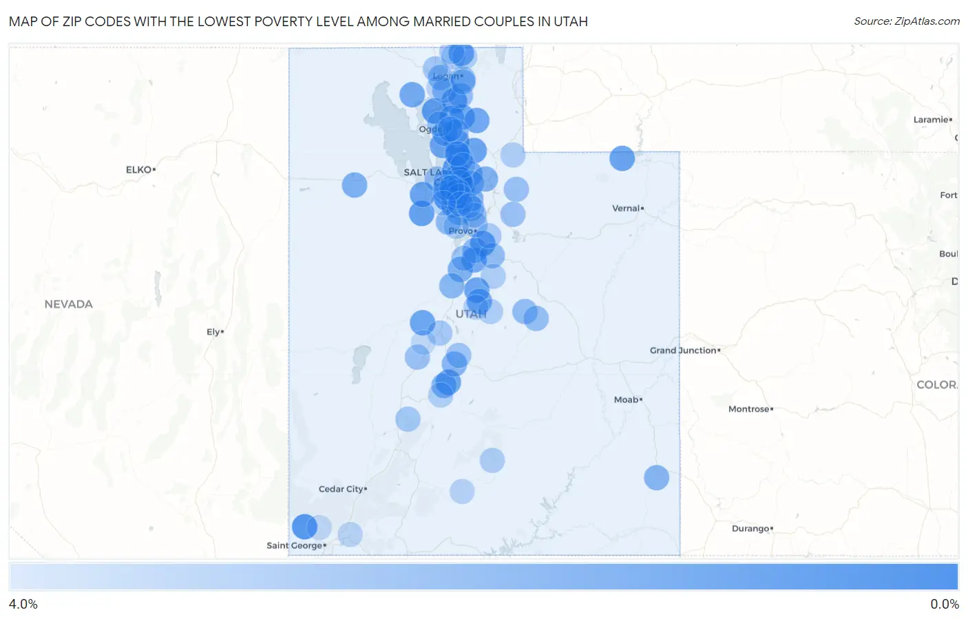 Zip Codes with the Lowest Poverty Level Among Married Couples in Utah Map