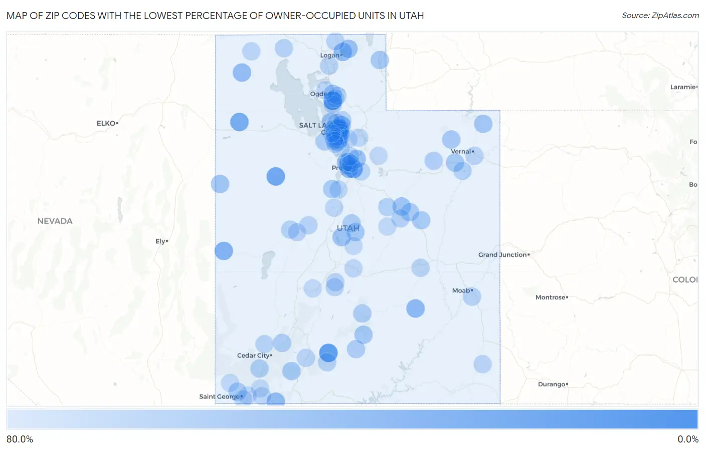 Zip Codes with the Lowest Percentage of Owner-Occupied Units in Utah Map